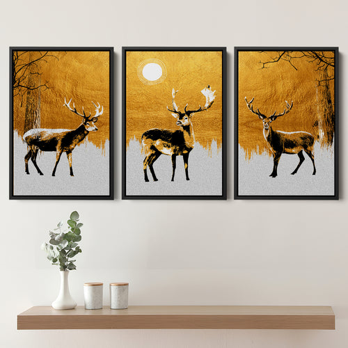 Luxury Golden Modern Painting Of 3 Deer In Forest Set of 3 Piece Framed Canvas Prints Wall Art Decor