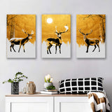 Luxury Golden Modern Painting Of 3 Deer In Forest Set of 3 Piece Canvas Prints Wall Art Decor