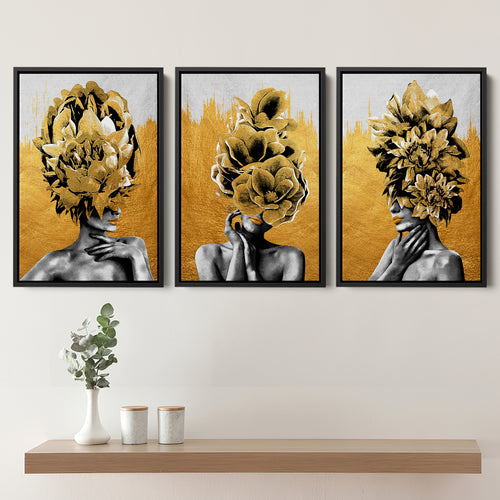 Luxury Golden Of 3 Girl Figure With Flower Bouquet On Head Set of 3 Piece Framed Canvas Prints Wall Art Decor