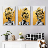 Luxury Golden Of 3 Girl Figure With Flower Bouquet On Head Set of 3 Piece Canvas Prints Wall Art Decor