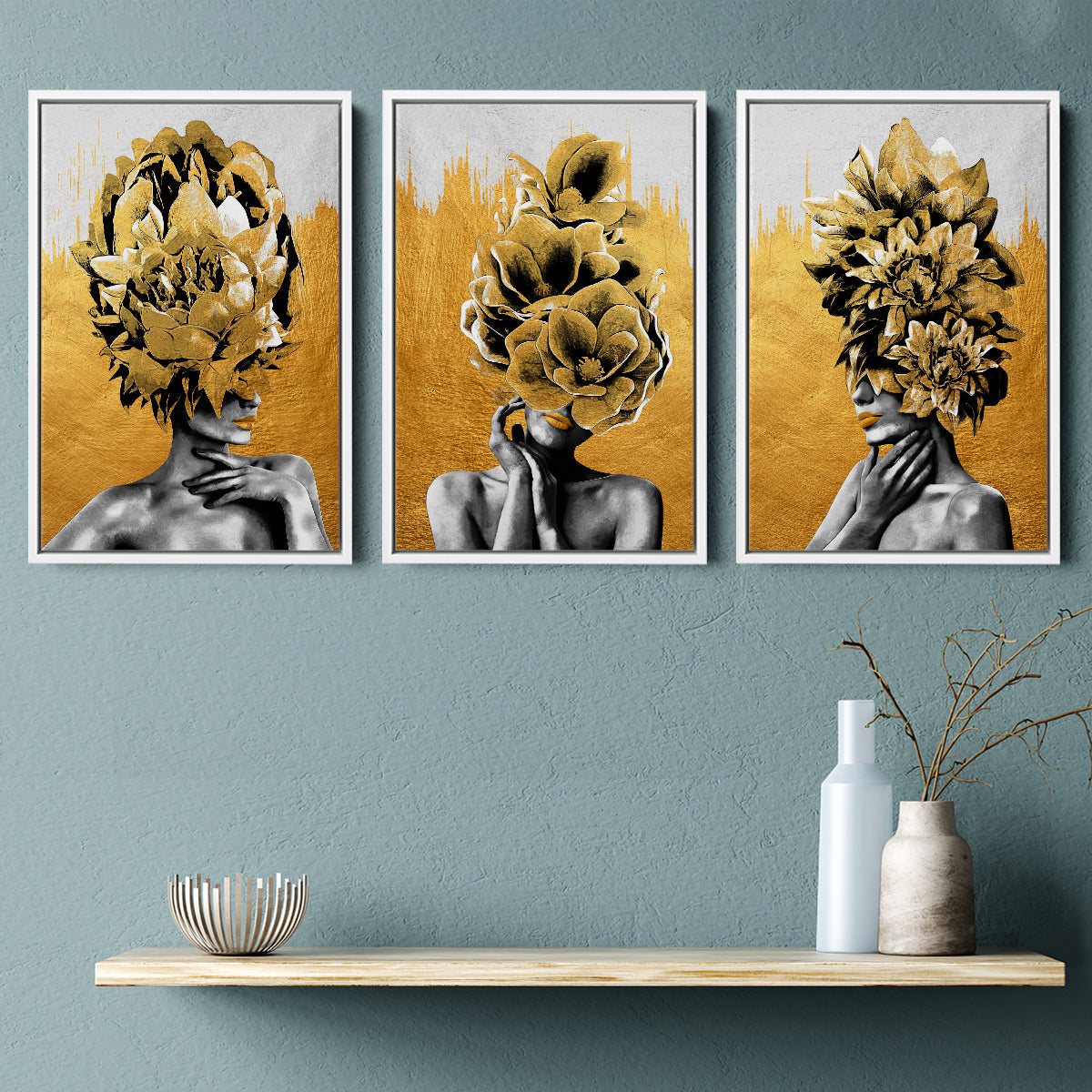 Luxury Golden Of 3 Girl Figure With Flower Bouquet On Head Set of 3 Pi ...