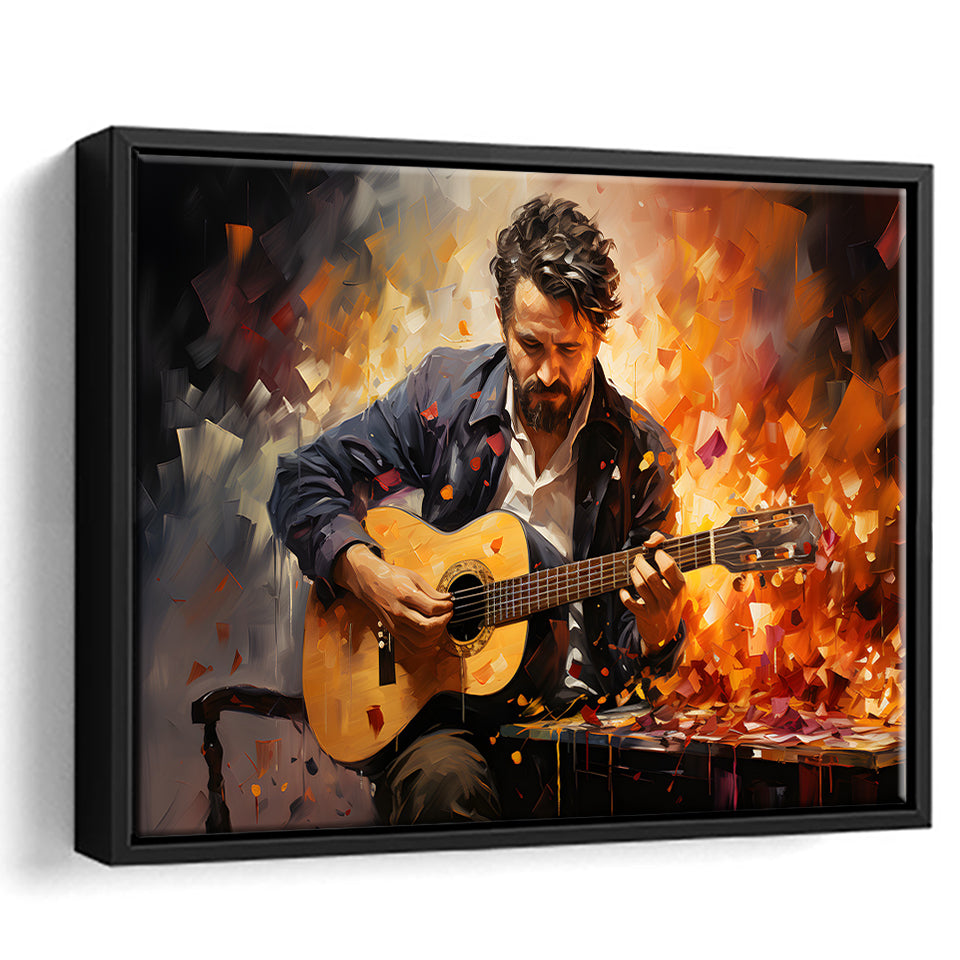 Man Playing Guitar Oil Painting Framed Canvas Prints Wall Art Home Decor, Painting Canvas, Floating Frame