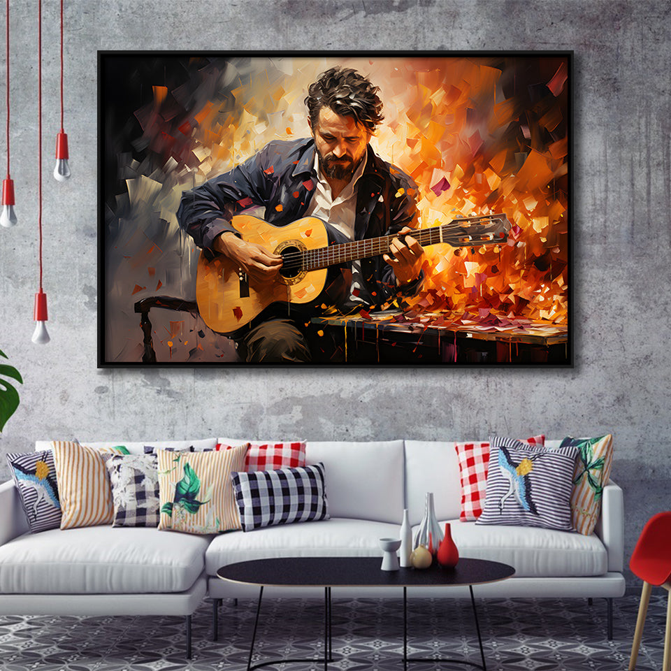Man Playing Guitar Oil Painting Framed Canvas Prints Wall Art Home Decor, Painting Canvas, Floating Frame