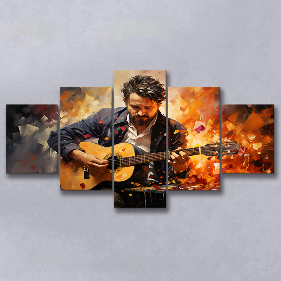 Man Playing Guitar Oil Painting 5 Panels Canvas Prints Wall Art Home Decor, Large Mixed Canvas
