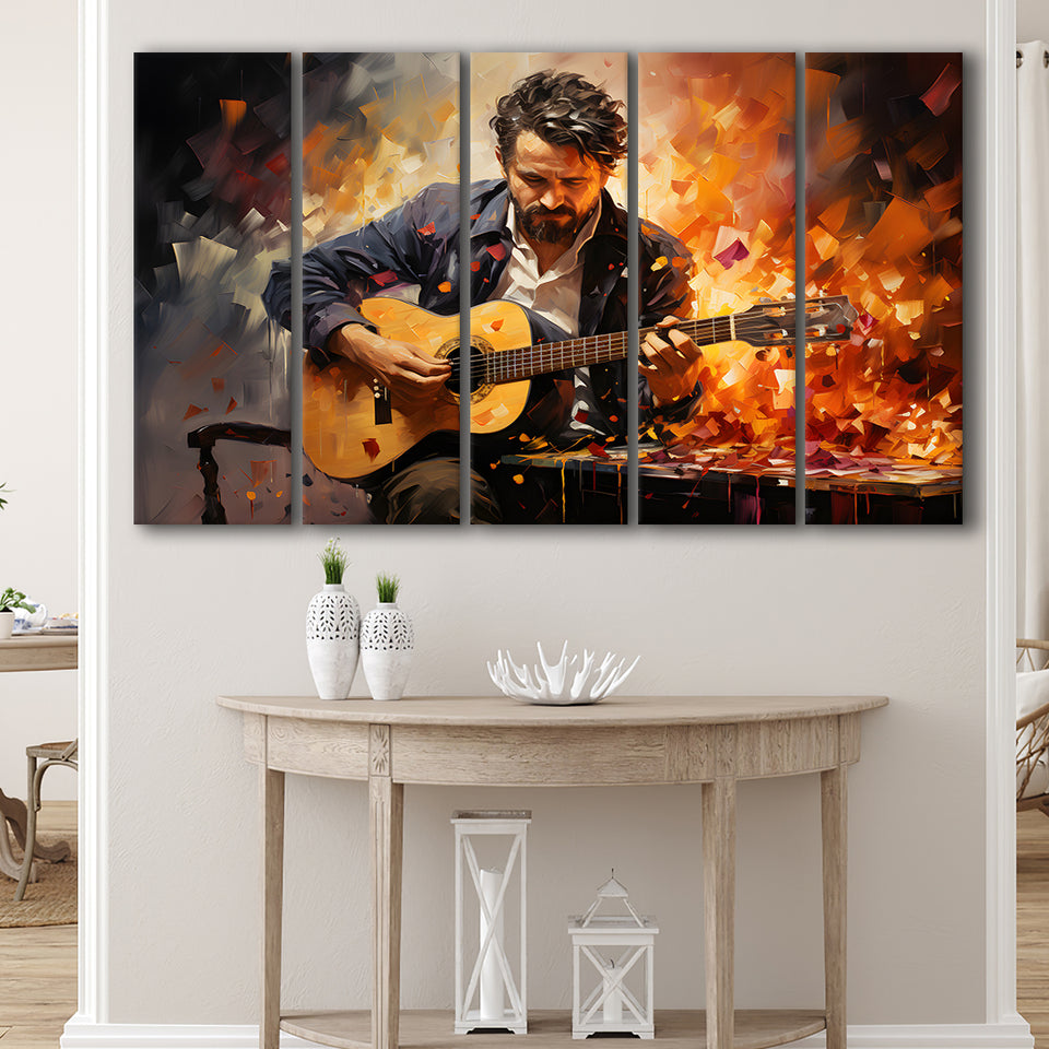 Man Playing Guitar Oil Painting 5 Panels B Canvas Prints Wall Art Home Decor, Extra Large Canvas
