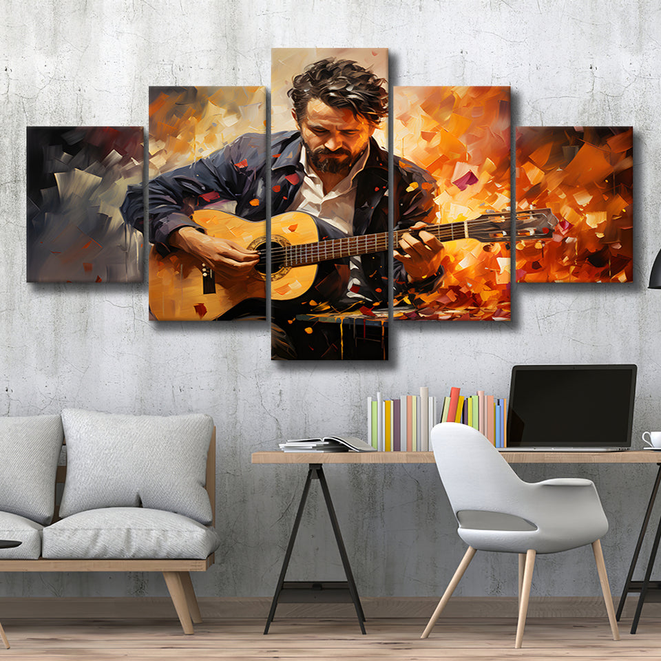 Man Playing Guitar Oil Painting 5 Panels Canvas Prints Wall Art Home Decor, Large Mixed Canvas