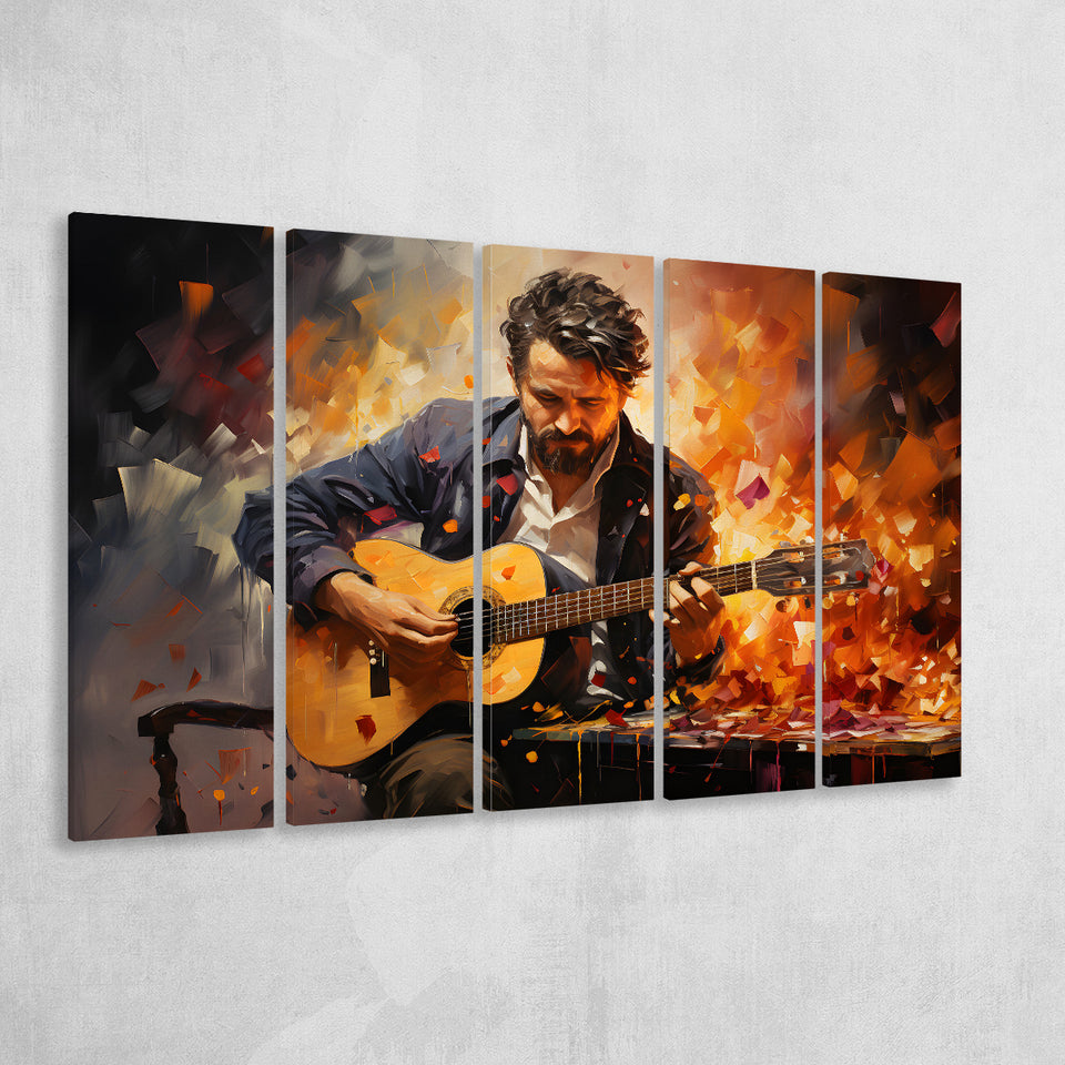 Man Playing Guitar Oil Painting 5 Panels B Canvas Prints Wall Art Home Decor, Extra Large Canvas