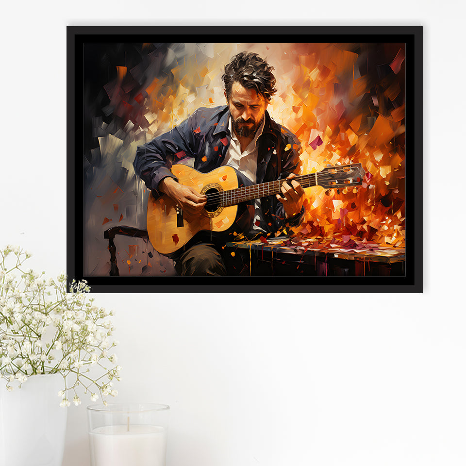 Man Playing Guitar Oil Painting Framed Canvas Prints Wall Art Home Decor, Painting Canvas, Floating Frame