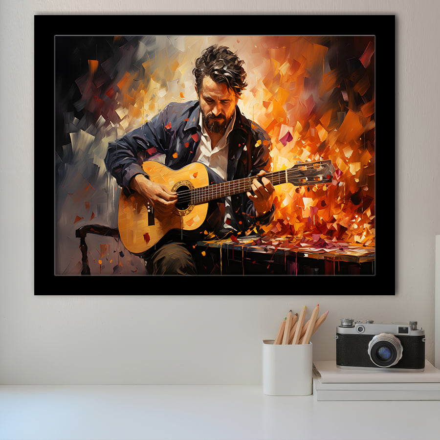 Man Playing Guitar Oil Painting Framed Art Prints Wall Decor, Painting Art, Framed Picture