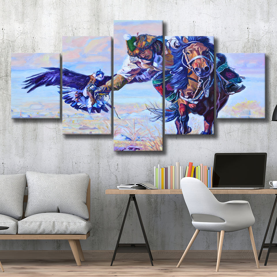 Man Riding A Horse With An Eagle 5 Panels, Canvas Prints Wall Art Decor, Large Canvas Art