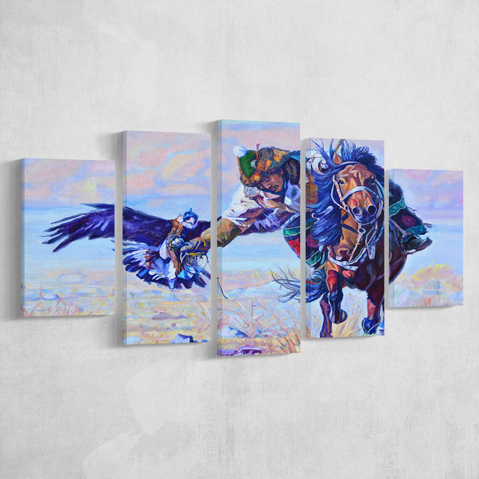 Man Riding A Horse With An Eagle 5 Panels, Canvas Prints Wall Art Decor, Large Canvas Art