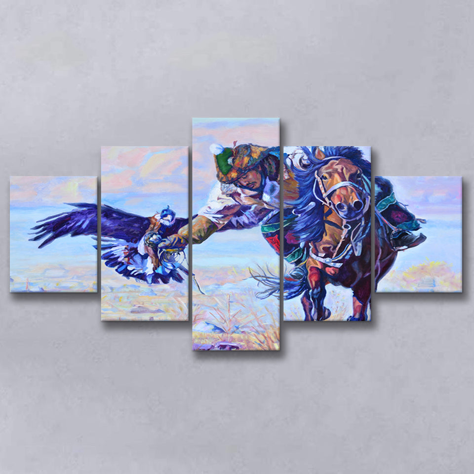 Man Riding A Horse With An Eagle 5 Panels, Canvas Prints Wall Art Decor, Large Canvas Art