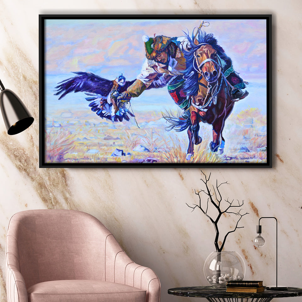 Man Riding A Horse With An Eagle Framed Canvas Prints Wall Art Home Decor,Floating Frame