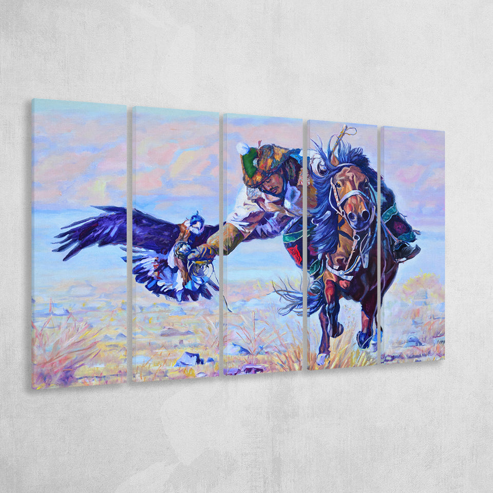 Man Riding A Horse With An Eagle Larger Canvas Art, 5 Piece Canvas Prints Wall Art Decor