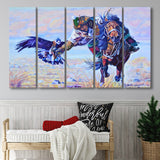Man Riding A Horse With An Eagle Larger Canvas Art, 5 Piece Canvas Prints Wall Art Decor