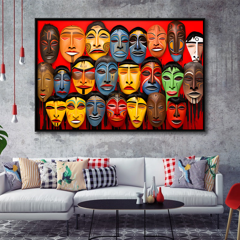 Many Diffirent Mask Native American Abstract Faces V10 Framed Canvas Prints Wall Art Home Decor, Painting Canvas