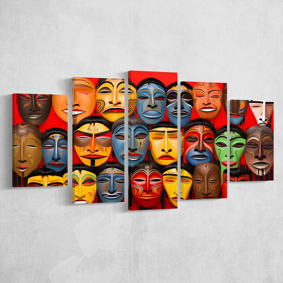 Many Diffirent Mask Native American Abstract Faces V10 5 Panels Canvas Prints Wall Art Home Decor, Large Mixed Canvas