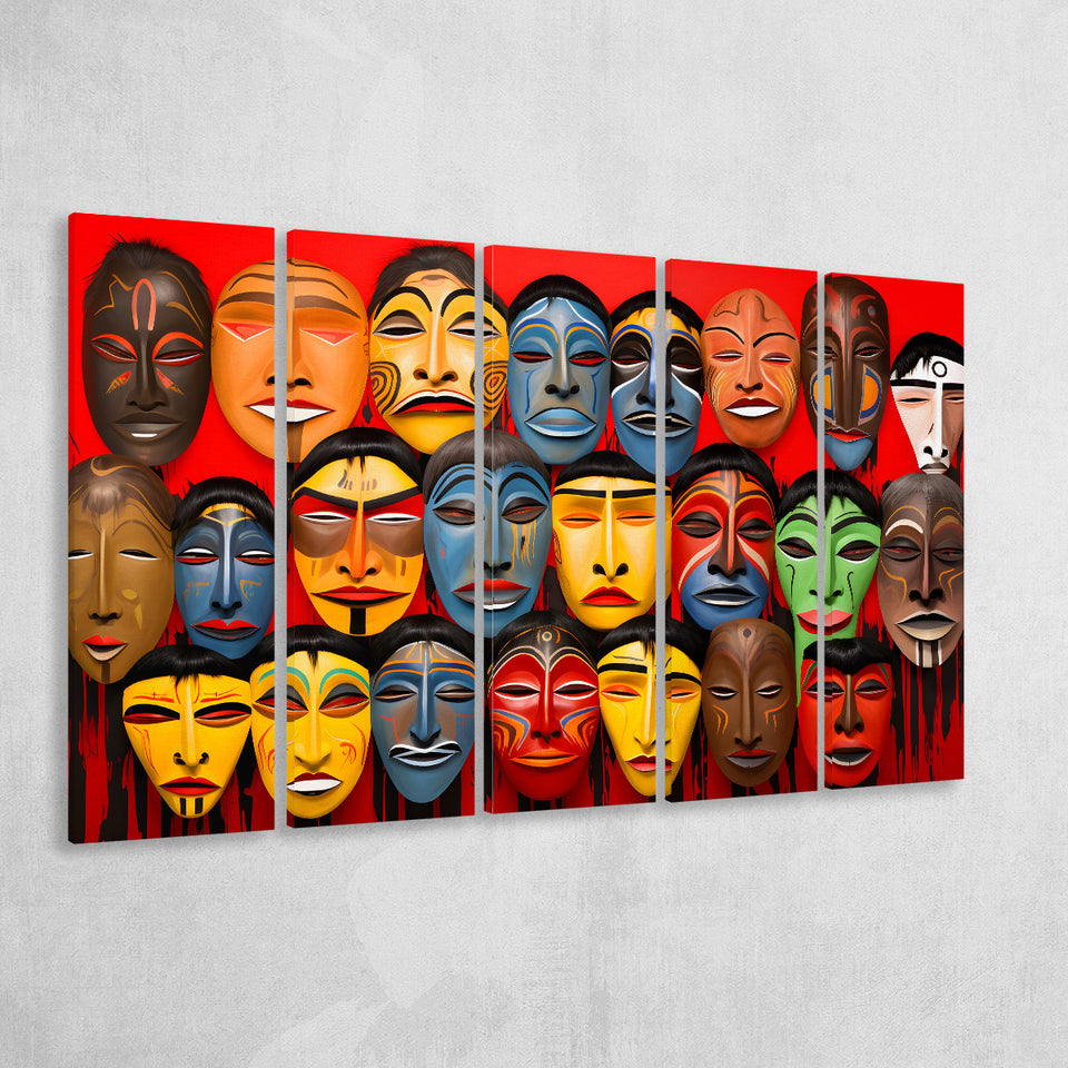 Many Diffirent Mask Native American Abstract Faces V10 5 Panels B Canvas Prints Wall Art Home Decor, Extra Large Canvas