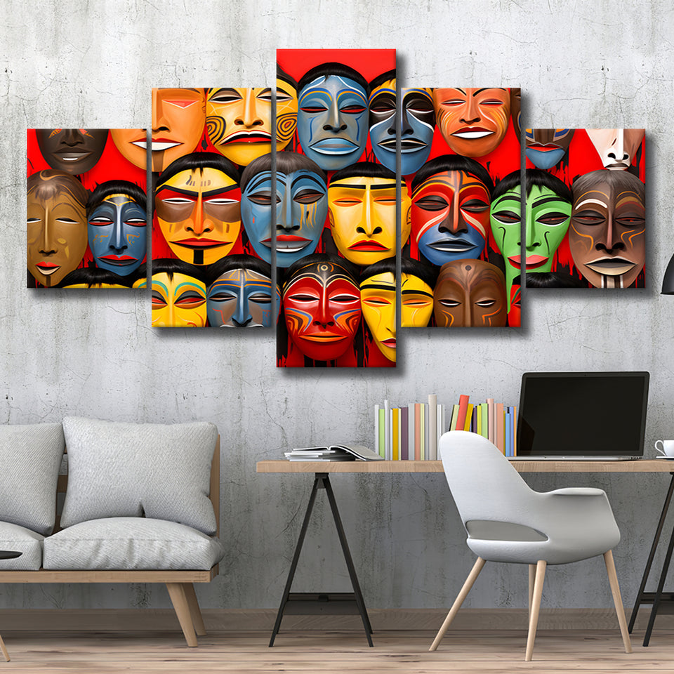 Many Diffirent Mask Native American Abstract Faces V10 5 Panels Canvas Prints Wall Art Home Decor, Large Mixed Canvas
