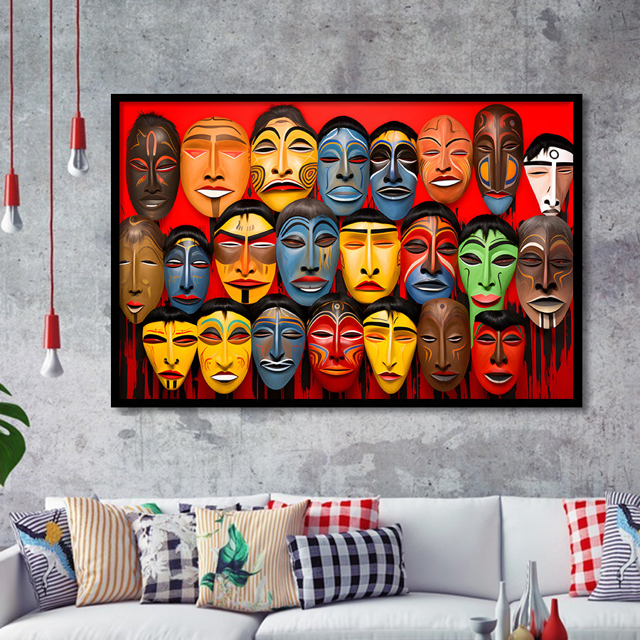 Many Diffirent Mask Native American Abstract Faces V10 Framed Art Prints Wall Decor, Painting Art, Framed Picture