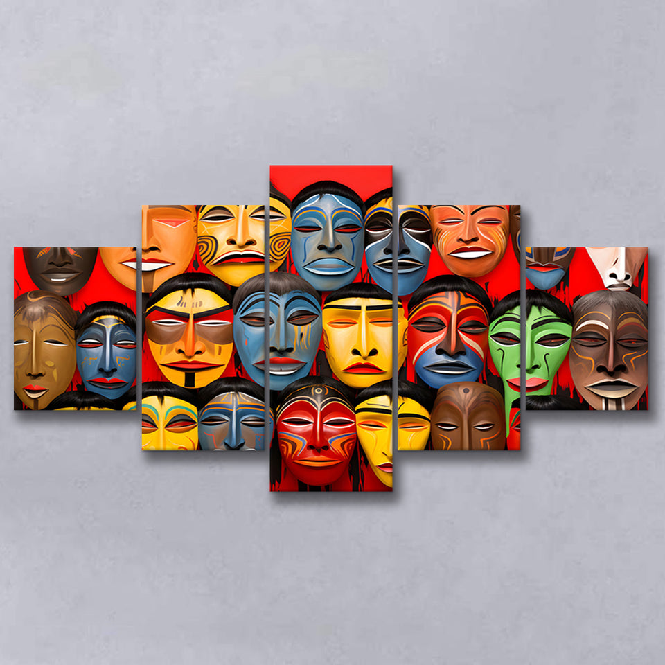 Many Diffirent Mask Native American Abstract Faces V10 5 Panels Canvas Prints Wall Art Home Decor, Large Mixed Canvas