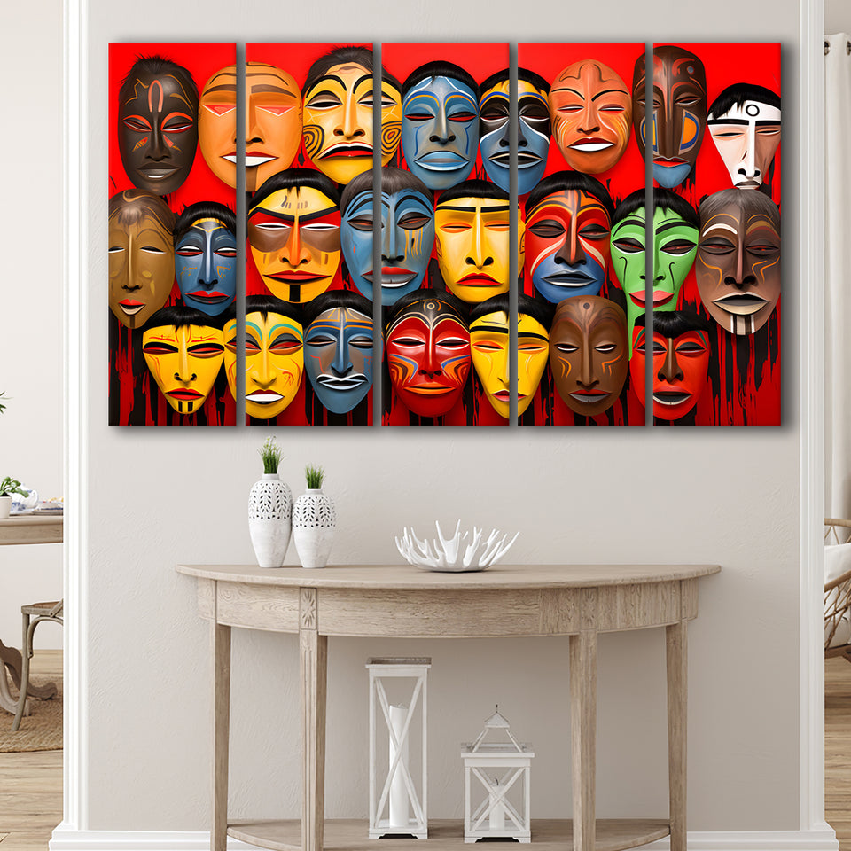 Many Diffirent Mask Native American Abstract Faces V10 5 Panels B Canvas Prints Wall Art Home Decor, Extra Large Canvas