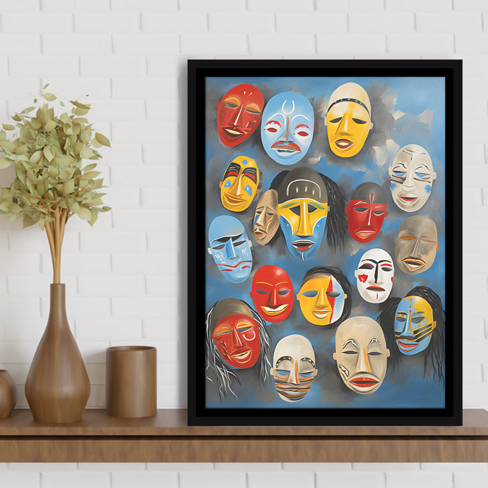 Many Diffirent Mask Native American Abstract Faces V12 Framed Canvas Prints Wall Art Home Decor, Painting Canvas
