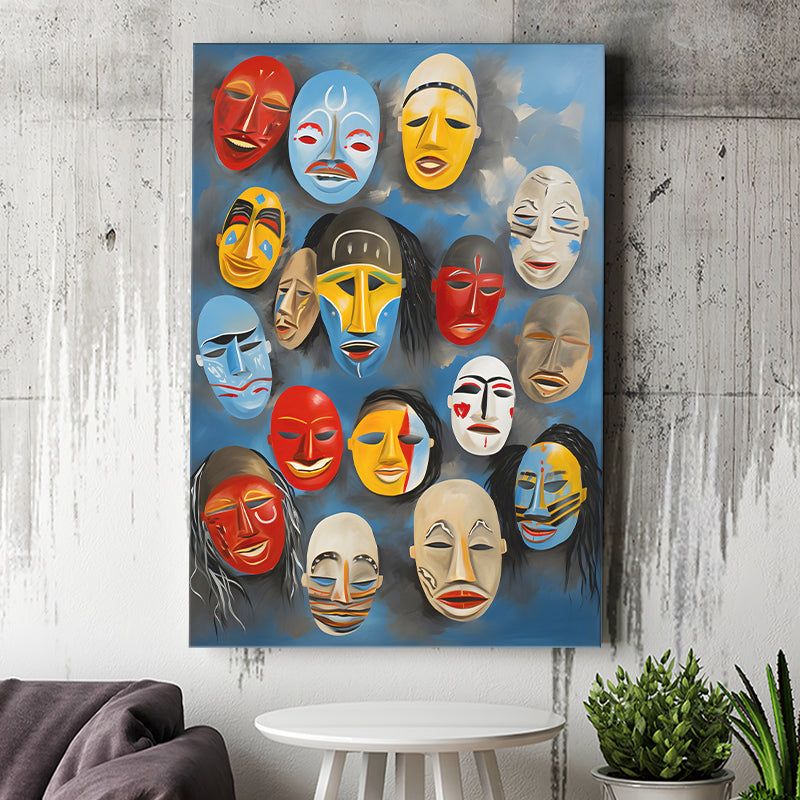 アンリマティス【Large Decoration with Masks】 Many Diffirent Mask Native American Abstract Faces V12 Canvas