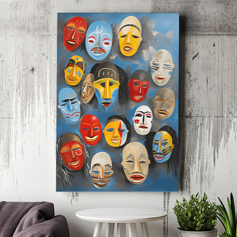 Many Diffirent Mask Native American Abstract Faces V12 Canvas Prints Wall Art Home Decor, Painting Canvas Wall Decor