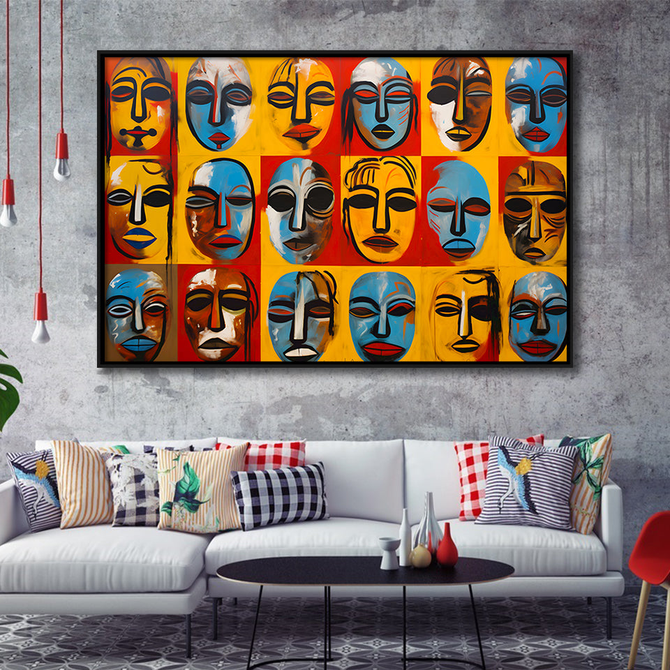 Many Diffirent Mask Native American Abstract Faces V7 Framed Canvas Prints Wall Art Home Decor, Painting Canvas