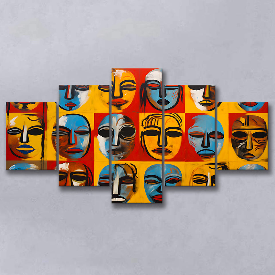 Many Diffirent Mask Native American Abstract Faces V7 5 Panels Canvas Prints Wall Art Home Decor, Large Mixed Canvas