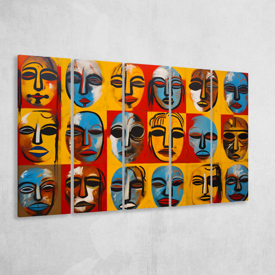Many Diffirent Mask Native American Abstract Faces V7 5 Panels B Canvas Prints Wall Art Home Decor, Extra Large Canvas