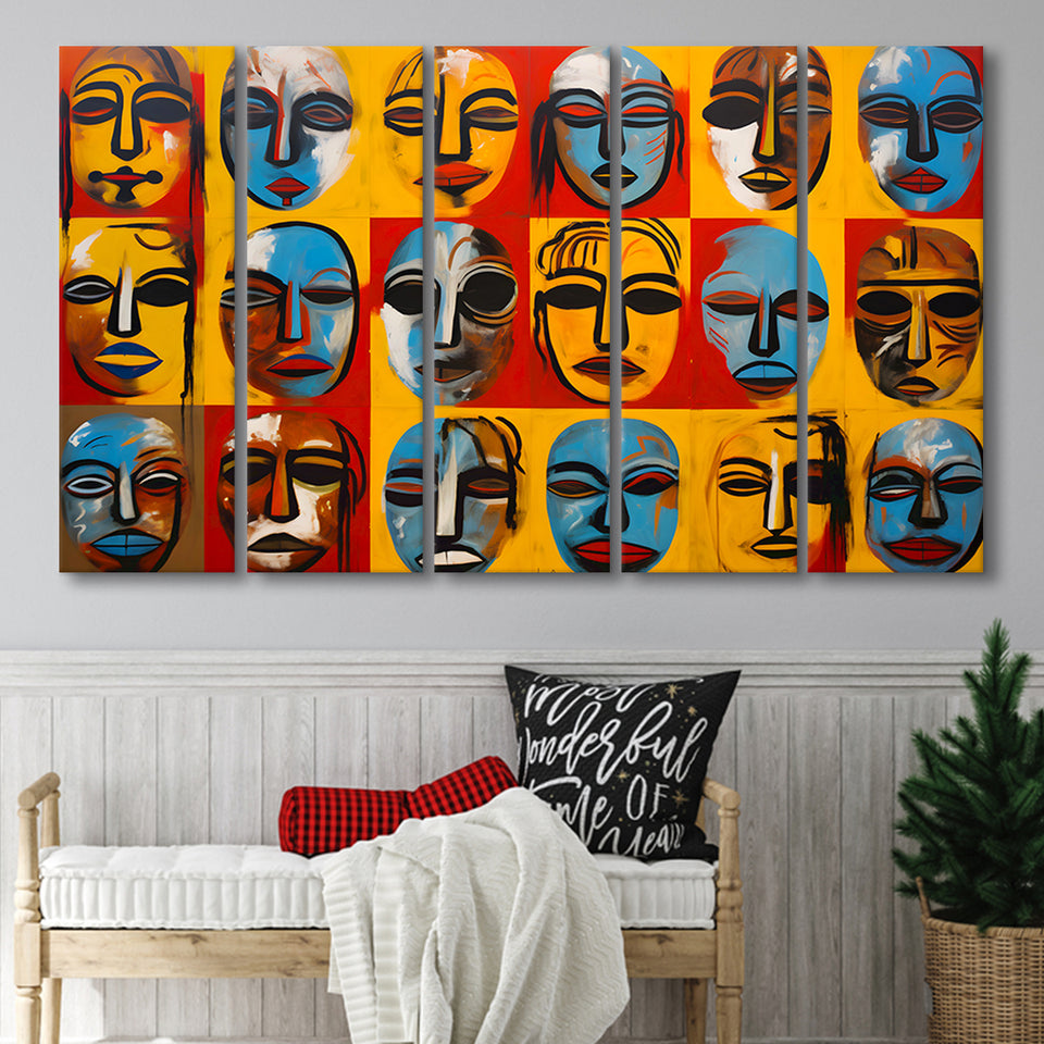 Many Diffirent Mask Native American Abstract Faces V7 5 Panels B Canvas Prints Wall Art Home Decor, Extra Large Canvas