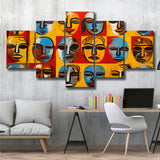 Many Diffirent Mask Native American Abstract Faces V7 5 Panels Canvas Prints Wall Art Home Decor, Large Mixed Canvas