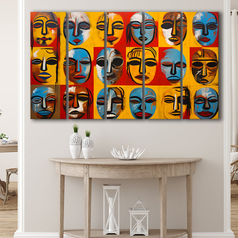 Many Diffirent Mask Native American Abstract Faces V7 5 Panels B Canvas Prints Wall Art Home Decor, Extra Large Canvas