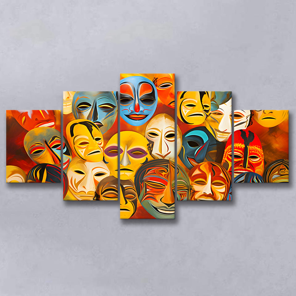 Many Diffirent Mask Native American Abstract Faces V8 5 Panels Canvas Prints Wall Art Home Decor, Large Mixed Canvas
