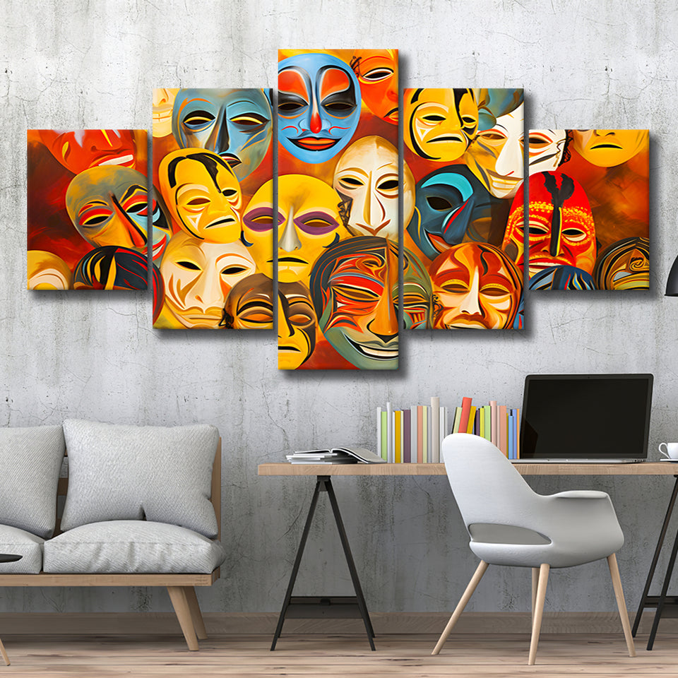 Many Diffirent Mask Native American Abstract Faces V8 5 Panels Canvas Prints Wall Art Home Decor, Large Mixed Canvas