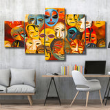 Many Diffirent Mask Native American Abstract Faces V8 5 Panels Canvas Prints Wall Art Home Decor, Large Mixed Canvas