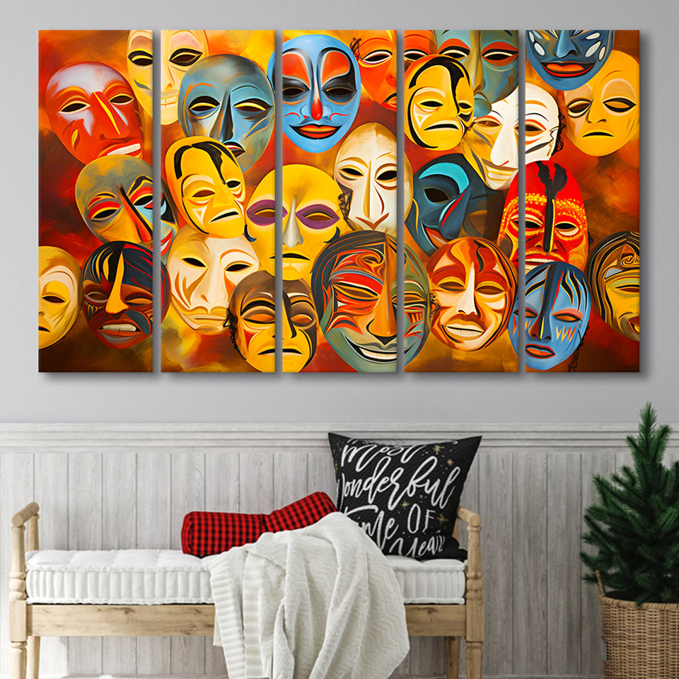 Many Diffirent Mask Native American Abstract Faces V8 5 Panels B Canvas Prints Wall Art Home Decor, Extra Large Canvas