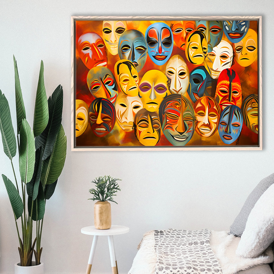 Many Diffirent Mask Native American Abstract Faces V8 Framed Canvas Prints Wall Art Home Decor, Painting Canvas