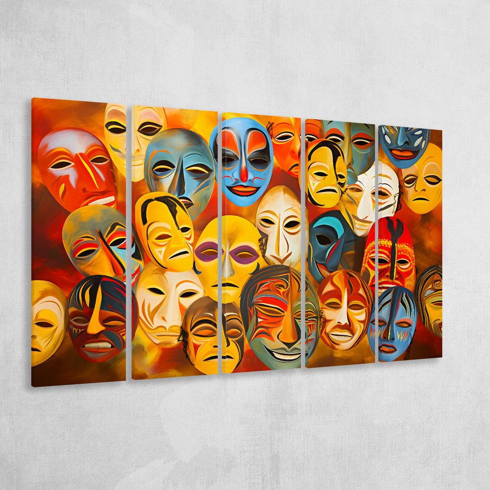 Many Diffirent Mask Native American Abstract Faces V8 5 Panels B Canvas Prints Wall Art Home Decor, Extra Large Canvas