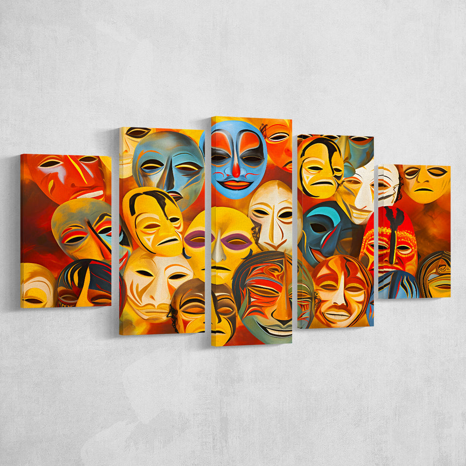 Many Diffirent Mask Native American Abstract Faces V8 5 Panels Canvas Prints Wall Art Home Decor, Large Mixed Canvas