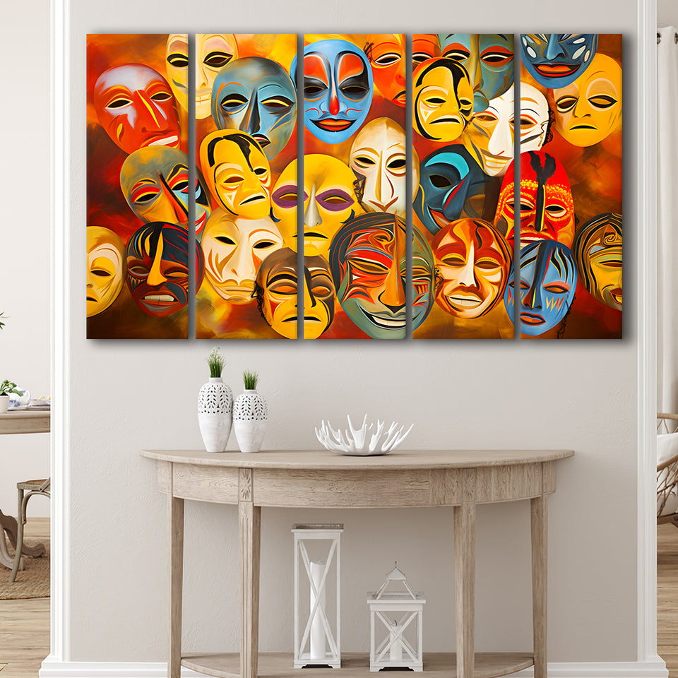 Many Diffirent Mask Native American Abstract Faces V8 5 Panels B Canvas Prints Wall Art Home Decor, Extra Large Canvas