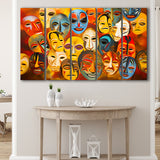 Many Diffirent Mask Native American Abstract Faces V8 5 Panels B Canvas Prints Wall Art Home Decor, Extra Large Canvas