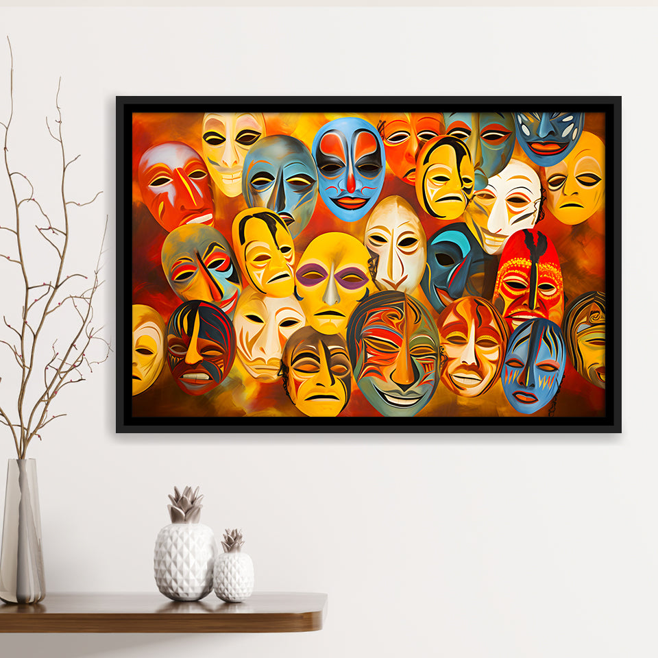 Many Diffirent Mask Native American Abstract Faces V8 Framed Canvas Prints Wall Art Home Decor, Painting Canvas