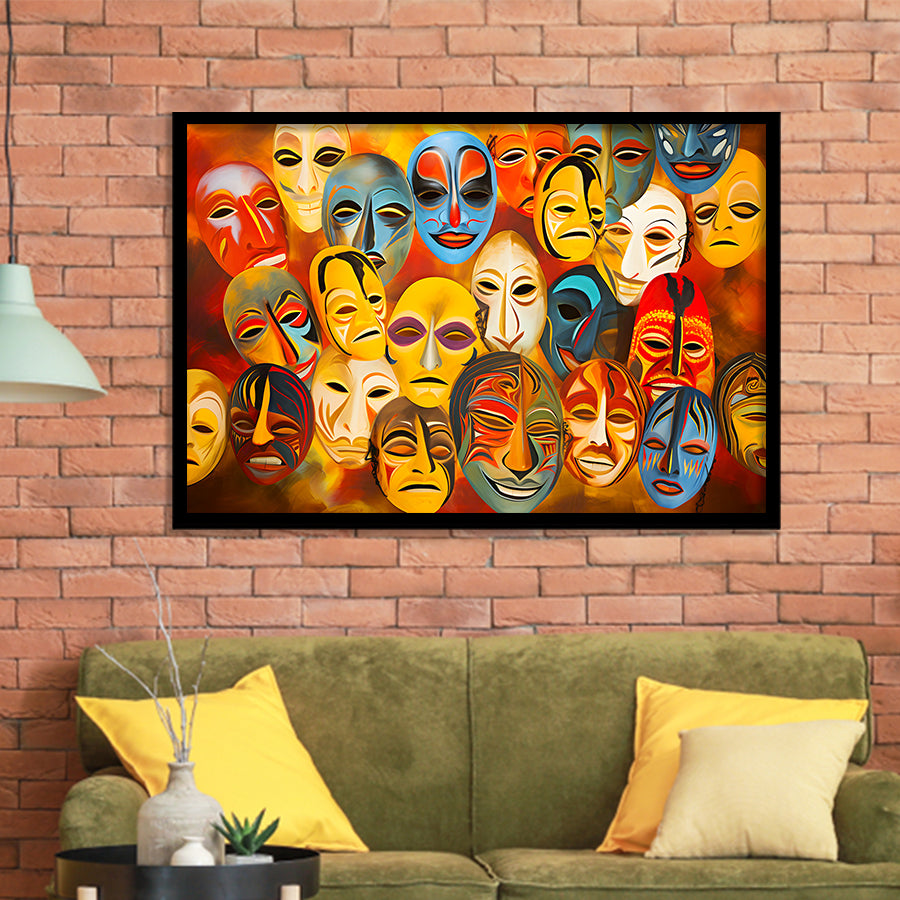 Many Diffirent Mask Native American Abstract Faces V8 Framed Art Prints Wall Decor, Painting Art, Framed Picture