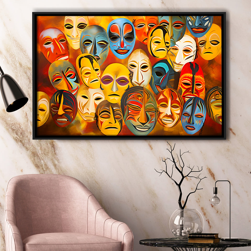 Many Diffirent Mask Native American Abstract Faces V8 Framed Canvas Prints Wall Art Home Decor, Painting Canvas
