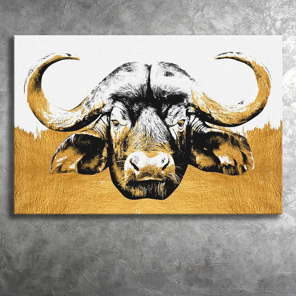 Modern Painting Of Buffalo Face Grey And Golden, Canvas Prints Wall Art Home Decor