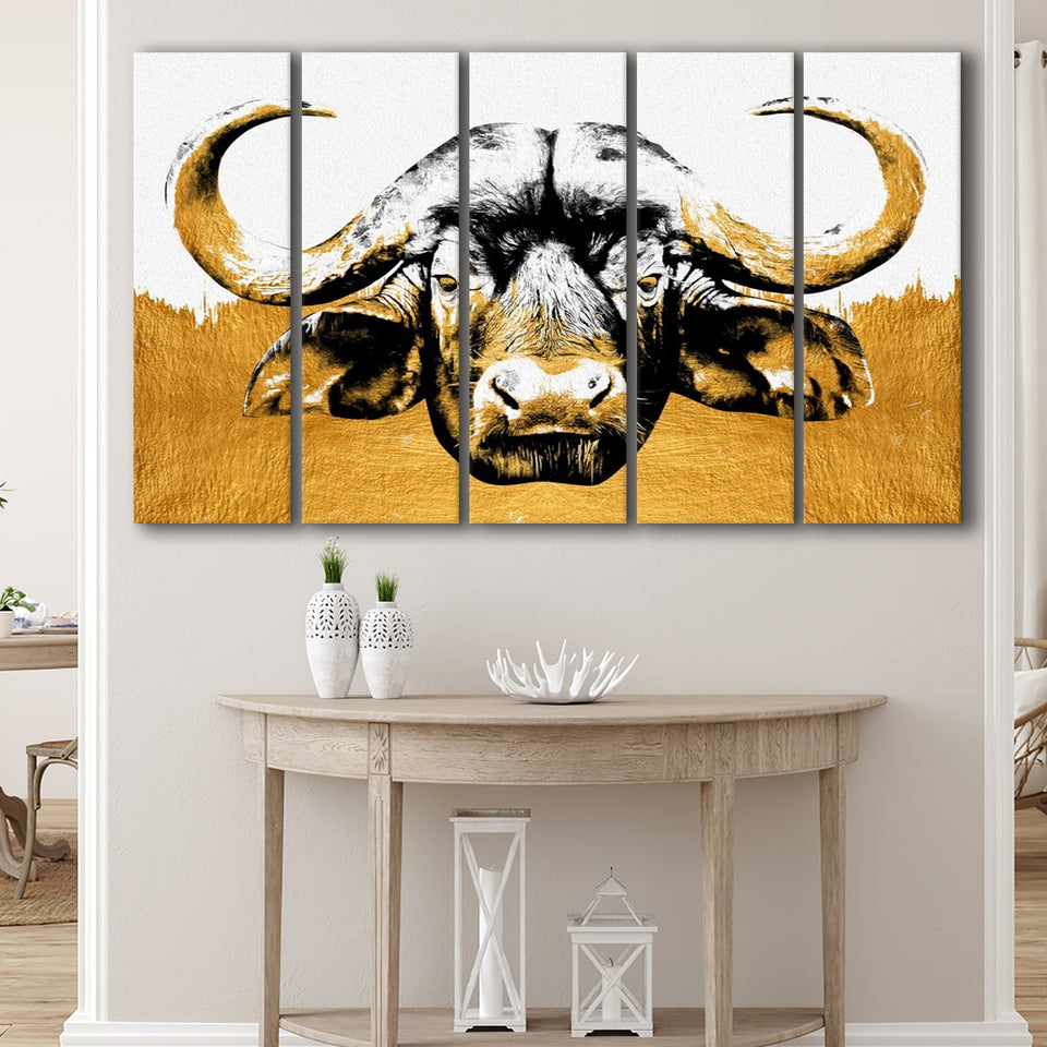 Modern Painting Of Buffalo Face Grey And Golden, Multi Panels, 5 Pieces B, Canvas Prints Wall Art Home Decor,X Large Canvas