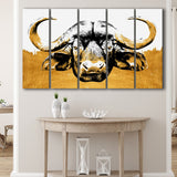 Modern Painting Of Buffalo Face Grey And Golden, Multi Panels, 5 Pieces B, Canvas Prints Wall Art Home Decor,X Large Canvas